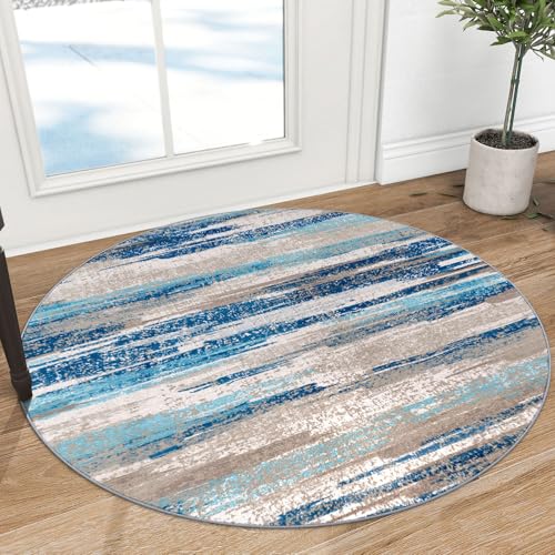 Modern Washable Abstract Small Round Rug 3ft Circle Rug for Entryway (Blue Aqua/Beige Taupe Multi / 3' (Round))