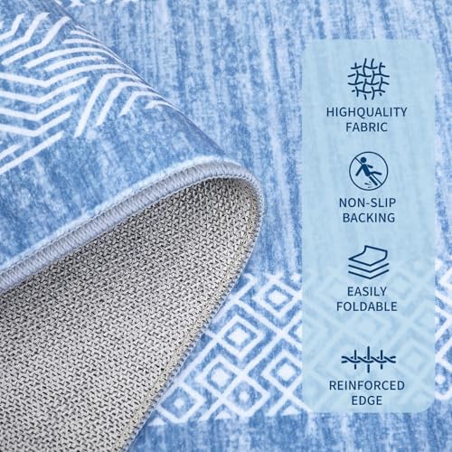 Modern Geometric Area Rug 2x3 Distressed Bordered Washable Non Slip Floor Small Carpet Non Shedding Thin Soft Low Pile Rug (Light Blue / 2' x 3' (Rectangular))