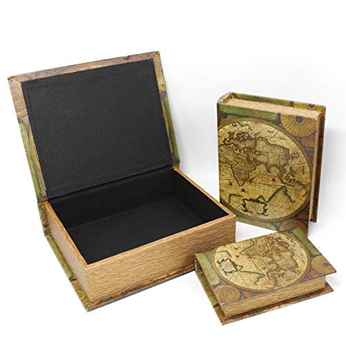 Decorative Book Boxes World Map Pattern Antique Book Invisible box with Magnetic cover (Map)
