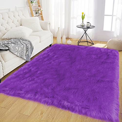Bedroom Shag 4x6 Rug Purple Shaggy Fluffy Faux Fur Rug Machine Washable Area Rugs for Living Room Office Dorm Plush Rugs Home Decor Rectangle (4' x 6' (Rectangular) / Purple)