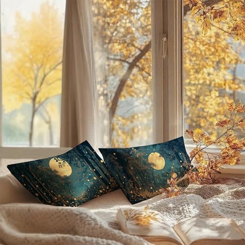Rustic William Morris Style Night Moon Forest Decor Pillow Covers 20x12 Set of 2 (Forest-black and Gold 31 / 20" x 12" (Pack of 1))