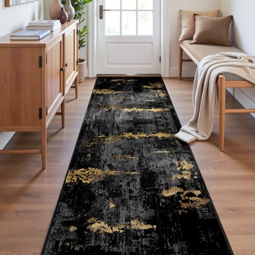 Washable Runner 2'x8' Abstract Area Rug for Hallway Black Gold (Black/Gold / 2' x 8' (Runner))