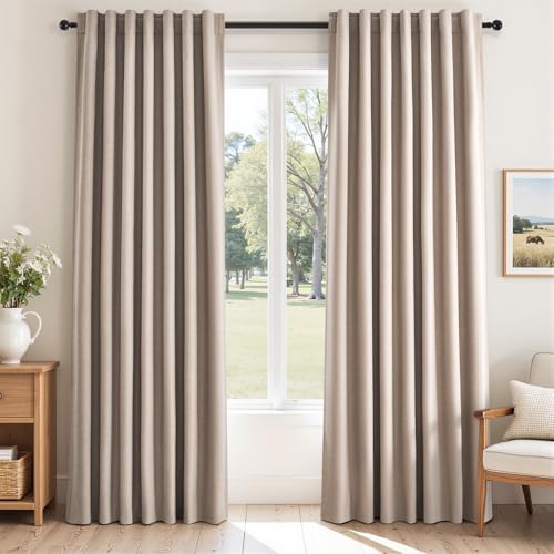 92 inch Long Blackout Curtains 2 Panels Set Neutral Beige Window Drapes 100% Blackout Linen Curtain with Back Tab Rod Pocket Sunlight Blocking Thermal Insulated Panel for Bedroom Living Room (Natural Beige / 52"W x 92"L (Pack of 2))