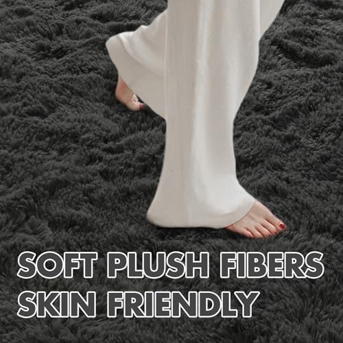 5x7 Ft Shag Area Rug for Bedroom (Ba Dark Grey Solid / 5' X 7' (Rectangular))