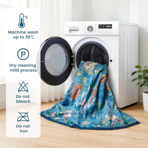 Boho Throw Blanket 50"x60" 100% Cotton Floral Bird Throw for Couch (Dark Blue Bird / 50"x60")