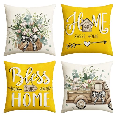 Bless Our Home Farmhouse Eucalyptus Leaves Throw Pillow Covers (Yellow / 20" x 20" (Pack of 4))