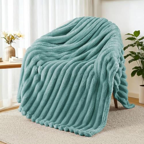 Striped Fleece Throw Blanket for Couch (Celadon / Throw ( 50x60 IN ))
