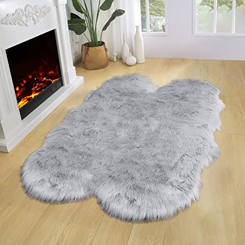 Grey Sheepskin Rug 4x6 Area Rugs Bedside Fluffy Faux Fur Rug Shag Carpets for Bedroom Living Room Playing Room Décor (4' x 6' (Sheepskin) / Grey)