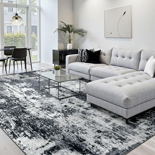 Washable 6'x9' Abstract Area Rug for Living Room Black White (Black/Navy Blue/Gray / 6' x 9' (Rectangular))