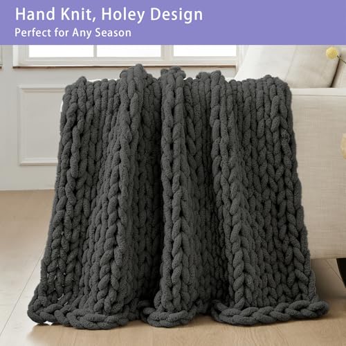 Chunky Knit Throw Blanket for Couch (Dark Grey / 80"x90" (For Queen/King Bed）)