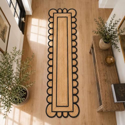 Jute Runner Rug 2.5x20 Ft with Scalloped Border (Black / 2'7" x 20' (Rectangular))