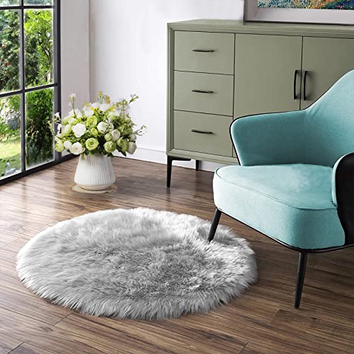 Round 3ft Small Fur Rug Grey Fluffy Faux Sheepskin Cute Circle Rugs for Bedroom Washable Furry Rug Home Décor (3' (Round) / Grey)