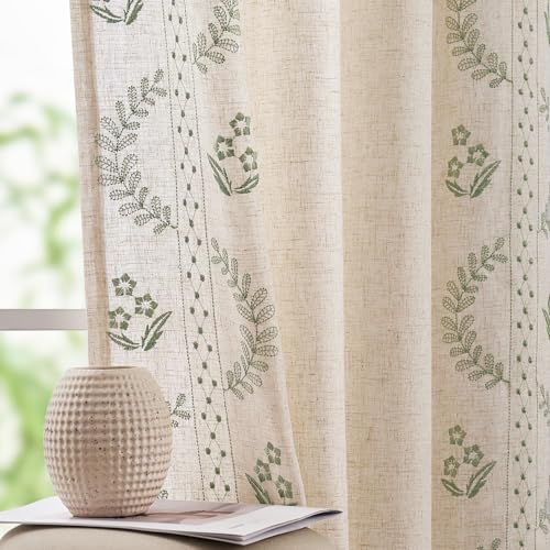 Floral Linen Curtains 90 Inch Farmhouse Back Tab 2 Panels (Sage / 50"W x 90"L (Pack of 2))