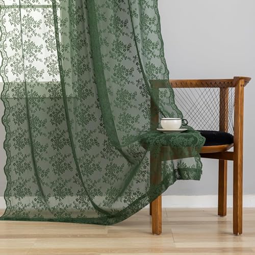 Vintage Lace Curtains 90 Inches Long (Dark Green / 52"W x 90"L (Pack of 2))