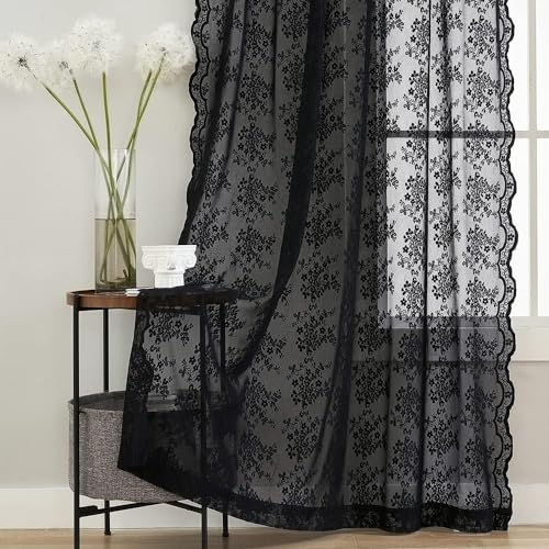 Vintage Lace Curtains 80 inch Length 2 Panles for Doorway Victorian Gothic Floral Dark Academia Black Sheer Curtain Panels for Living Room Bedroom Light Filtering 52 by 80 inch Length (Black / 52"W x 80"L (Pack of 2))