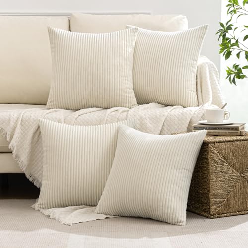 Soft Corduroy Decorative Throw Pillow Covers Cream White 18x18 (18" x 18" (Pack of 4) / Cream White)