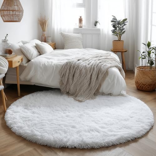 White Fuzzy Round Area Rug 5Ft for Bedroom Living Room Nursery (White / 5' (Round))