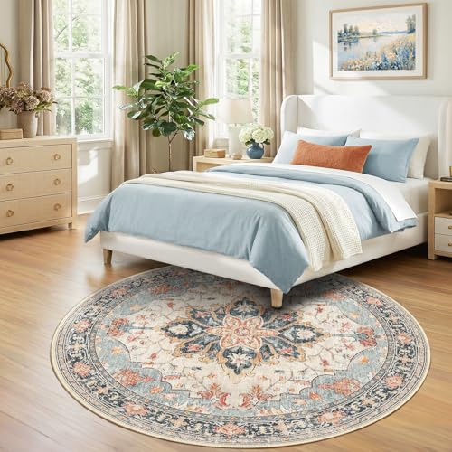 Washable Area Rug (Beige/Blue/Orange / 7' (Round))
