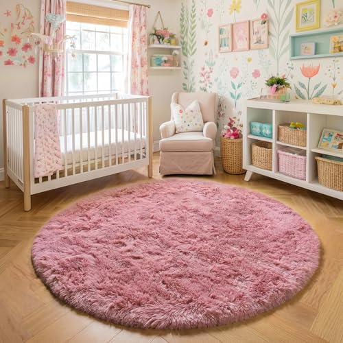 Blush Pink Large Round Shag Rug 6Ft for Girls Kids Bedroom Nursery (Blush Pink / 6' (Round))