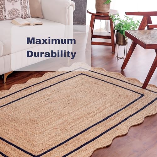 Wave Scalloped Jute Rug Entryway Natural Boho Area Rug Navy Blue 10'x14' (10'x14' / Navy Blue)