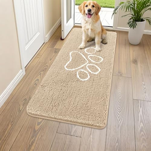 Dog Door Mat for Muddy Paws (47"X17" / Beige and White)