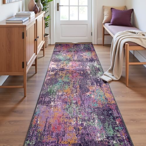 Washable Runner 2'x6' Abstract Area Rug for Hallway Purple Multi (Purple/Orange/Teal/Green/Red / 2' x 6' (Runner))