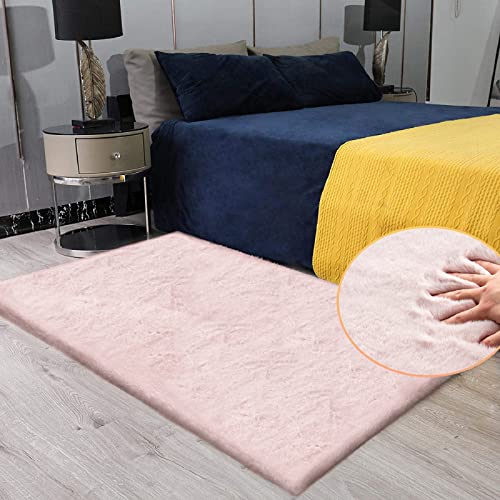 Pink Faux Fluffy Rabbit Fur Rug for Living Room Shag Washable Rug Area Rugs for Bedroom 3x5 Nursery Rugs (3' x 5' (Rectangular) / Pink)