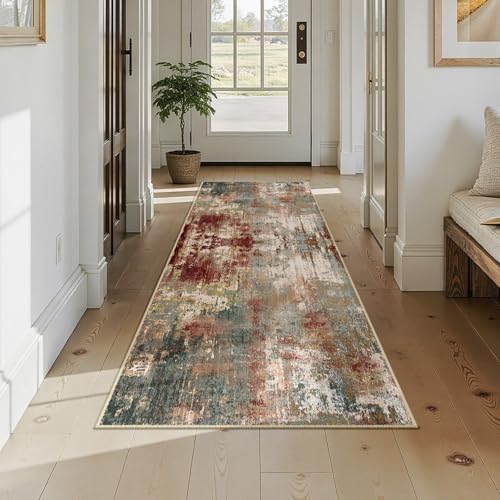 Washable Runner 2'6"x8' Abstract Area Rug for Hallway Rustic Brown (Rust Red/Green/Blue/Multi / 2'6" x 8' (Runner))