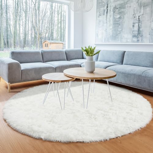 Cream White Fluffy Round Rug Circle Area Rugs 4ft for Kids Teen Bedroom (Cream White / 4' (Round))