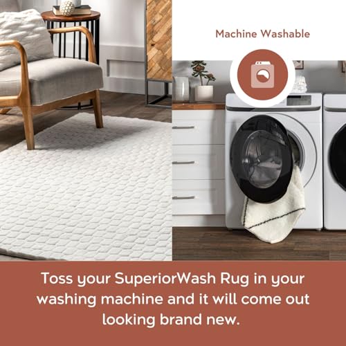 Nia White Geometric Washable Area Rug (Nia White / 5' x 7'6" (Oval))