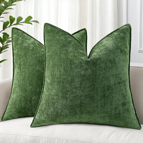 Chenille Moss Green Velvet Throw Pillow Covers 24x24 Set of 2 (Moss Green / 24" x 24" (Pack of 2))