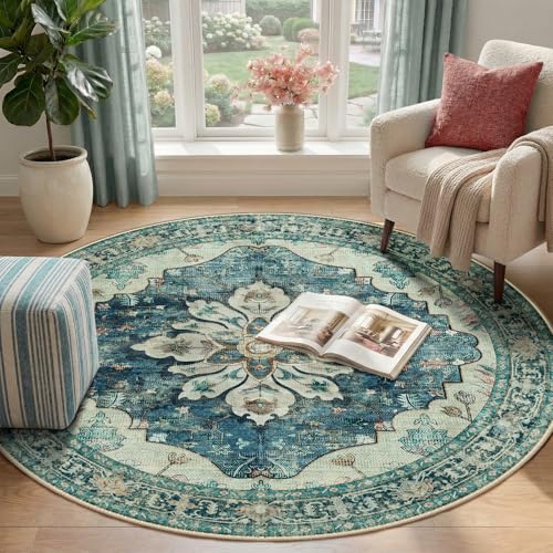Washable Area Rug (Blue/Vintage Dark Blue / 4' (Round))