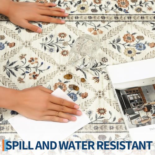 6x9 Machine Washable Area Rugs for Living Room Floral Stain Resistant Soft Carpet Vintage Low Pile Non Slip Non (Beige/Sand / 6' x 9' (Rectangular))