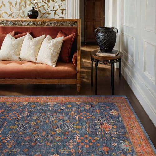 Dark Blue & Terracotta 5x8 Living Room Rug (5' x 8' (Rectangular) / Blue / Terracotta)