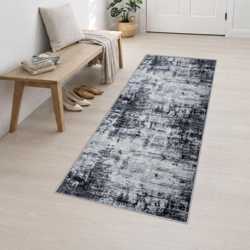 2.6x8 Washable Runner Rug：Modern Abstract Soft Carpet Dark Black (Dark Black / 2'6" x 8' (Rectangular))