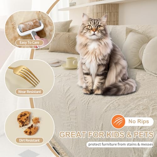 Washable Couch Covers for Sofa Boho Couch Covers for 3 Cushion Sofa Pet Friendly Beige Chenille Jacquard Couch Protector for Dogs Plant Branch Sectional Cover Sofa Slipcovers (71" x 118" / U: Beige)