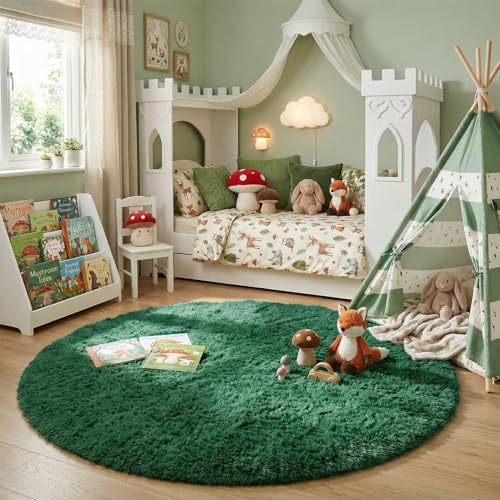 Dark Green Round Fuzzy Rug 4Ft for Kids Bedroom Living Room Dorm (Dark Green / 4' (Round))
