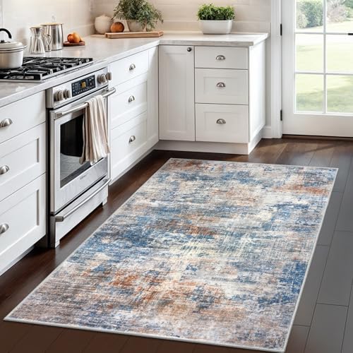 Abstract Area Rug 4x6 Ft Washable Rugs for Entryway Indoor (Blue/Rust/White / 4' x 6' (Rectangular))