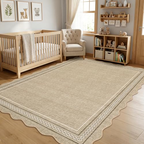 Scalloped Washable 8x10 Area Rug for Living Room Non Slip (Jute Color / 8' x 10' (Rectangular))