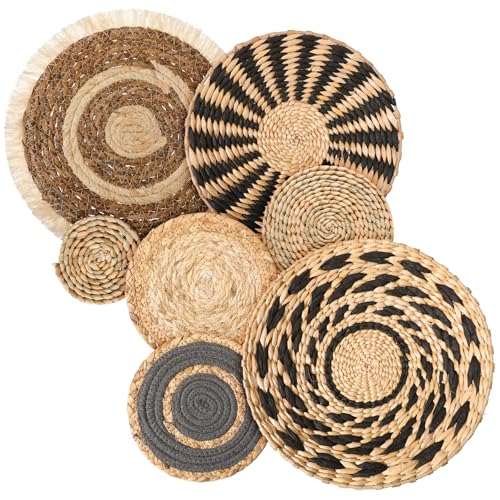 7 Pcs Boho Wall Basket Decor Decorative Hanging Woven Wall Basket Decor Round Farmhouse Hanging Baskets Handmade Woven Baskets Walls Decorative for Kitchen Rustic Home Summer Decorations