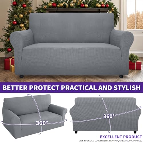 Super Stretch Couch Cover Love Seat Sofa Covers for Living Room Dogs Pet Friendly Furniture Protector Spandex Loveseat Slipcovers with Anti Slip Foam Sticks (Light Grey / Medium (57"-70"))