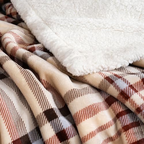 Sherpa Fleece Throw Blanket 80" x 90" Reversible Plush Fluffy Large Big Blanket Lattice Flannel Blankets for All Season Use (Beige Stripe / 80"*90")