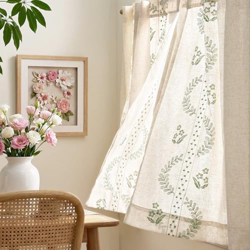 Green Floral Linen Kitchen Tier Curtains 36 Inch (A| Sage / 26"W x 36"L (Pack of 2))