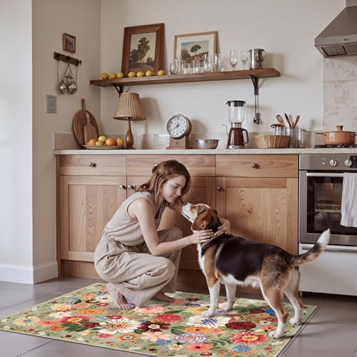 Green Floral Hallway Runner Rug 2x4 for Bedroom Kitchen (Green / 2' x 4' (Rectangular))