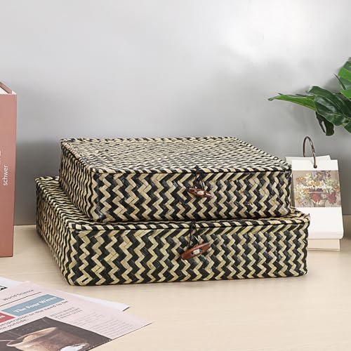 2Pcs Flat Wicker Woven Basket with Lid Natural Seagrass Storage Box (Small+Large / Black)