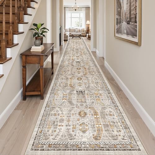 Hallway Runner Rug 3x18 Washable Kitchen Runners 18ft (Brown/Gold / 3' x 18' (Runner))