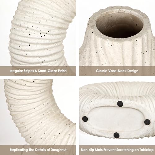 White Donut Vase with Stripes Texture for Home Office Decor (Long-Neck)