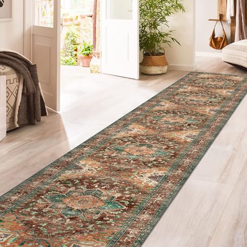 Washable Runner Rug (2' x 12' / Rust/Dull Teal)