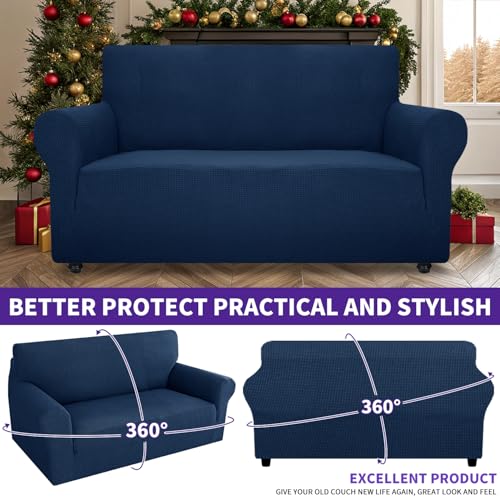 Super Stretch Couch Cover Love Seat Sofa Covers for Living Room Dogs Pet Friendly Furniture Protector Spandex Loveseat Slipcovers with Anti Slip Foam Sticks (Navy Blue / Medium (57"-70"))
