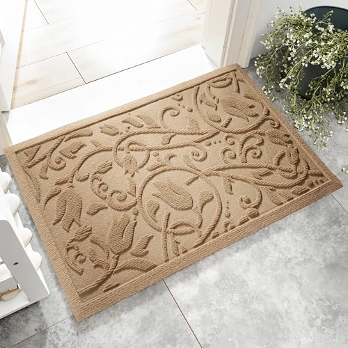 Boho Beige Floral Leaves Outdoor Indoor Entrance Doormats (Tulip-beige / 1'5" x 2'6" (Rectangular))